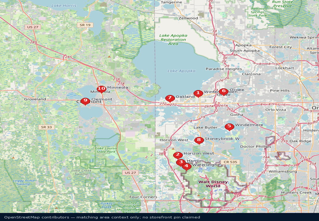 West Orange and south Lake Florida map highlighting Winter Garden, Horizon West, and Clermont
